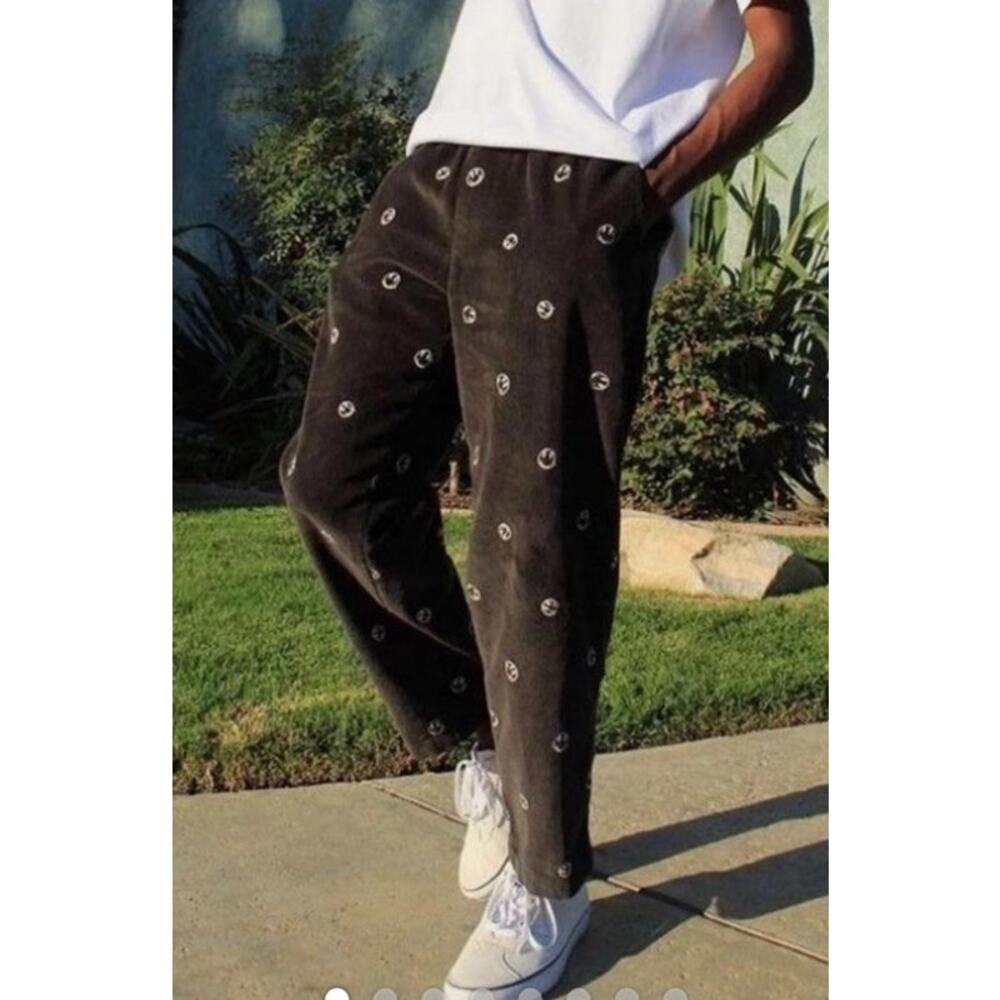 Urban Outfitters Corduroy Pants Smiley Face Embroidered Black Charcoal Small
